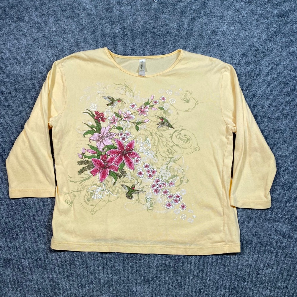 Decorated Originals Womens XL Yellow Floral Hummingbird Glitter 3/4 Sleeve Top